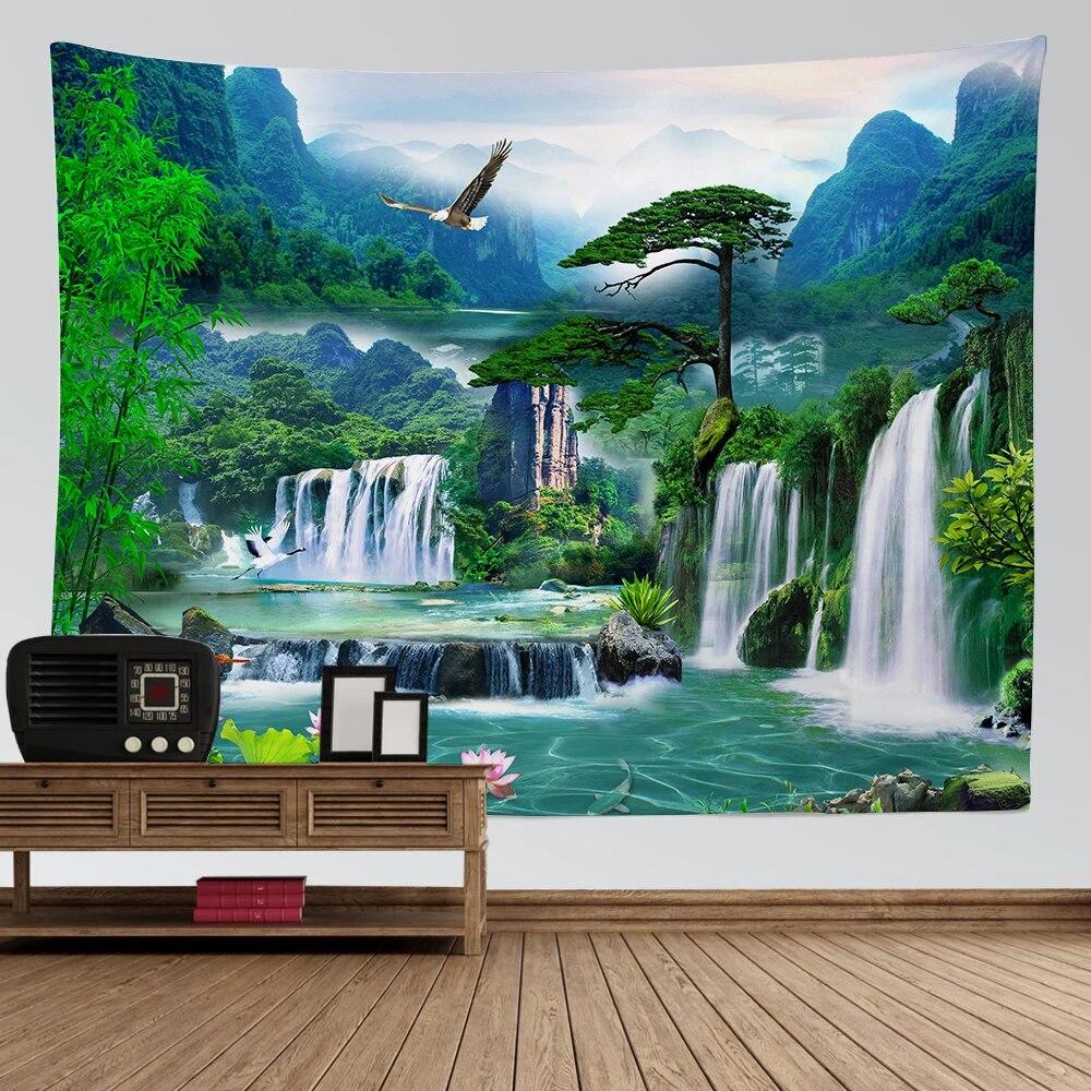 Naturalny krajobraz gobelin pokój estetyczna dekoracja górski wodospad ptak zachód słońca kwiat ściana wisząca dekoracja domu