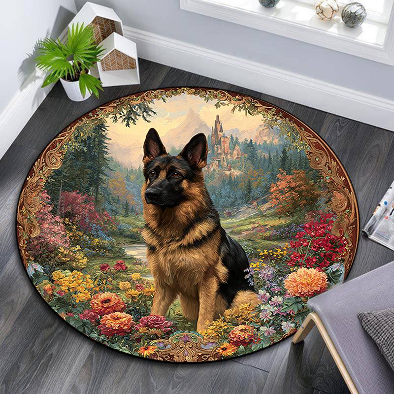 German Shepherd Round Area Rug,Carpet Rug for Living Room Bedroom Sofa Playroom Decor,Non-slip Floor Mat
