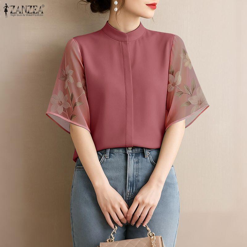 ZANZEA Women Casual Stand Collar Summer Splice Short Sleeve Blouse