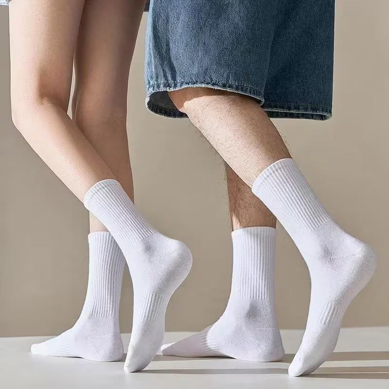 Soild Cotton Sports Socks Mid Calf Black White Stockings Soft Breathable Athletic Socks Soft Comfortable Solid Hosiery
