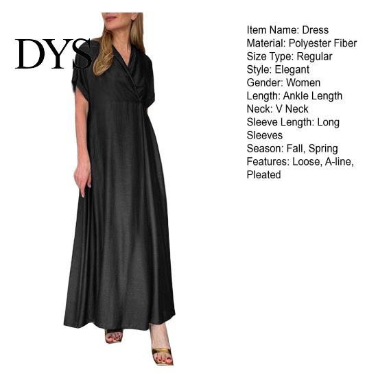 V-neck Long Dress Spring Women V Neck Short Sleeve Loose A-line Pure Color Slimming Ankle Length Maxi Pleated Prom Party Dating