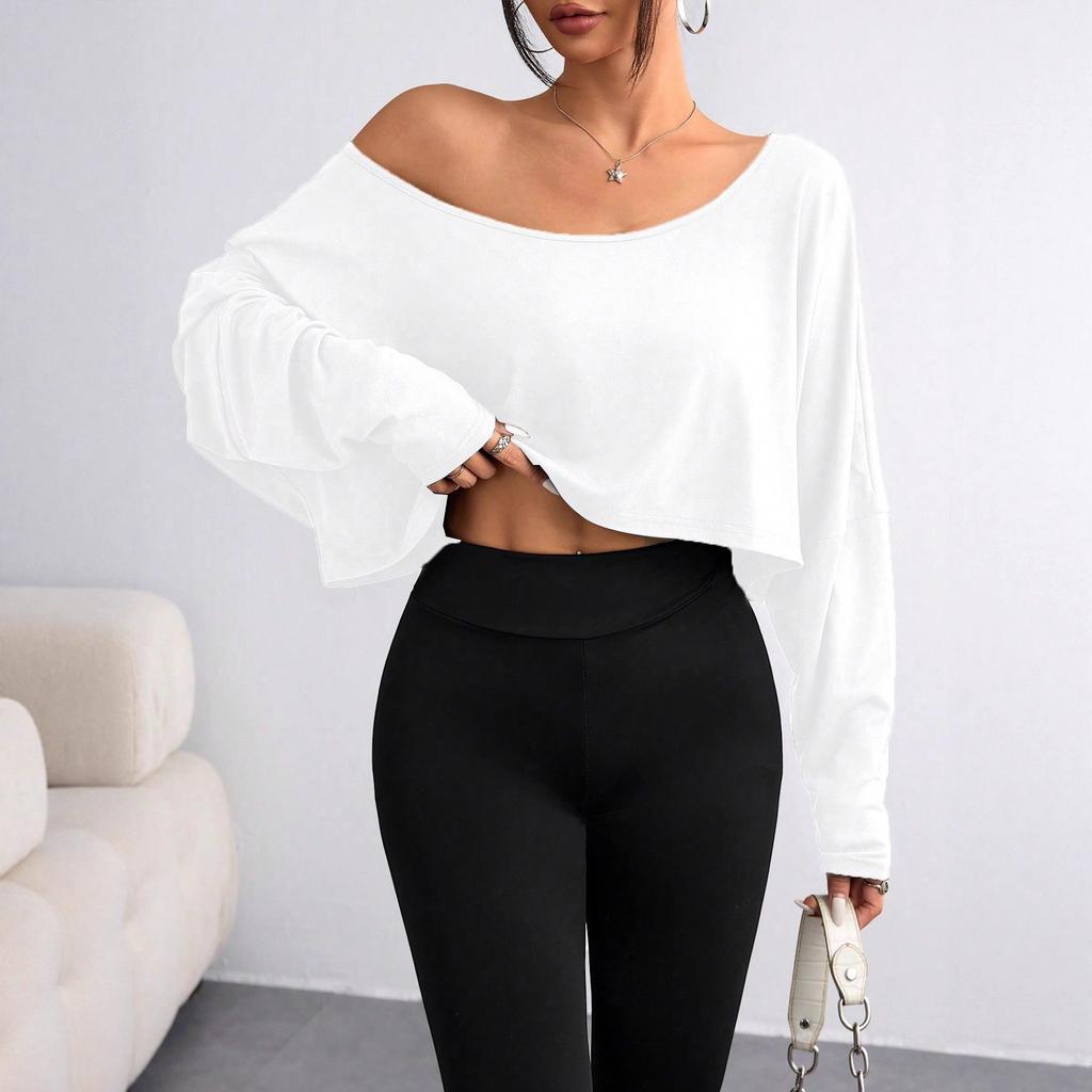 Women's Off Shoulder Long Sleeve Solid Color Loose Fit Casual Cropped Top T-Shirt