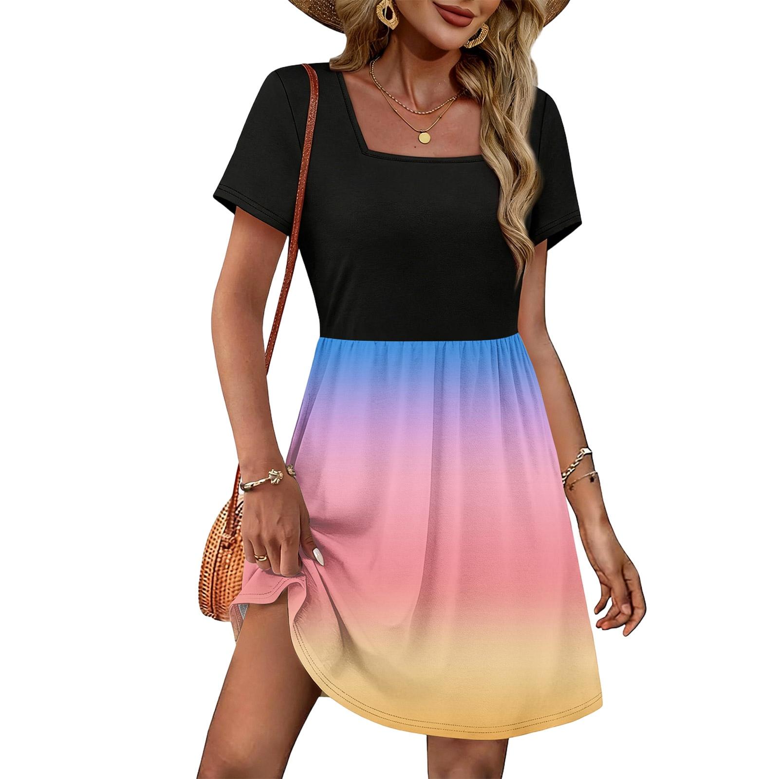 Women s Fashionable Casual Square Neck Retro Print Summer Dress XL