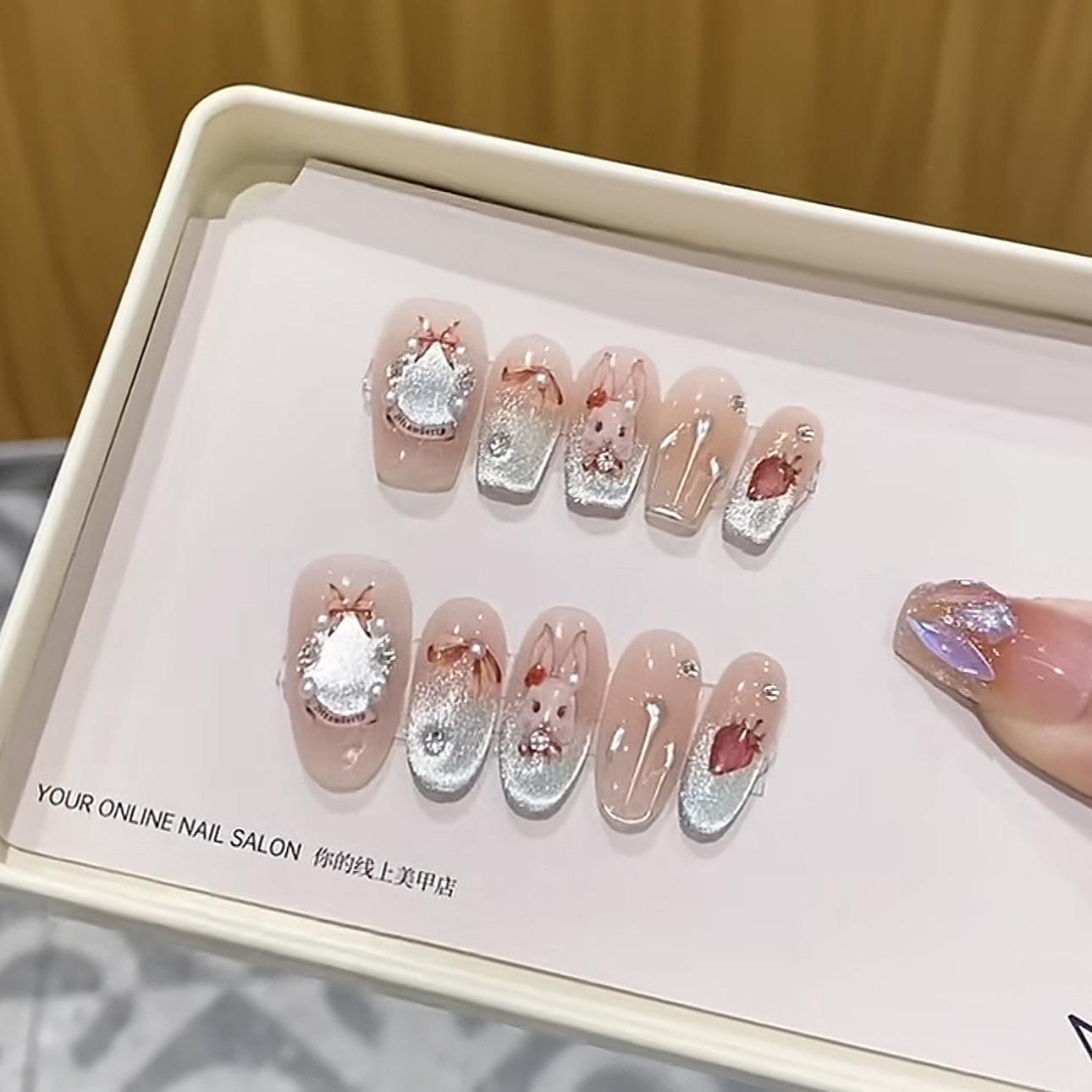 

Pure Hand-made Phototherapy Wearer Rococo Rabbit Cute Reusable Nail Art Patches Can Be Removed Large L