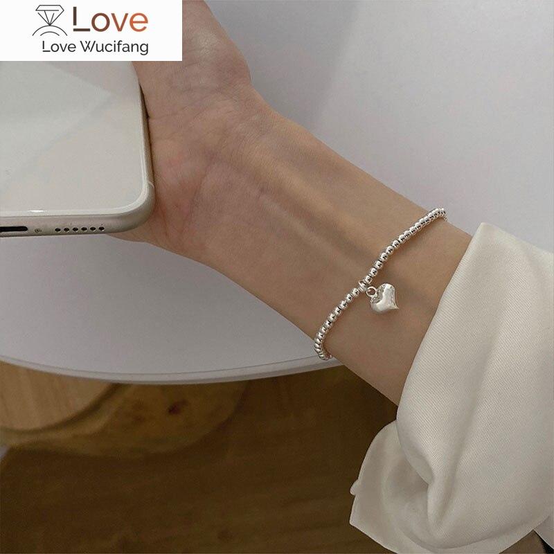 925 Sterling Silver Beaded Square Heart Bracelet For Women Simple Personality Cool Bracelet Korean Selling Jewelry