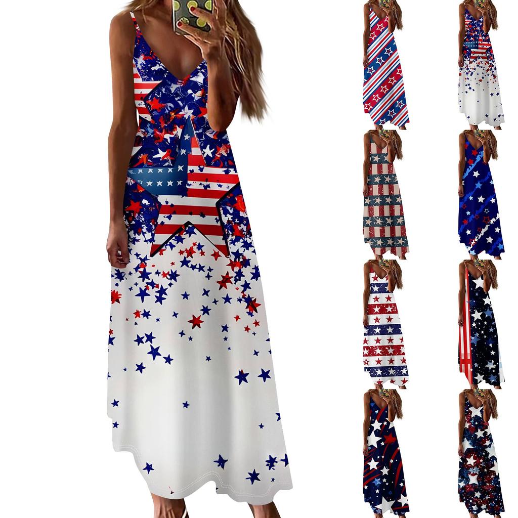 Women's Loose Independence Day Casual Slim V-neck Color Imitation Cotton Fashion Overalls Skirt