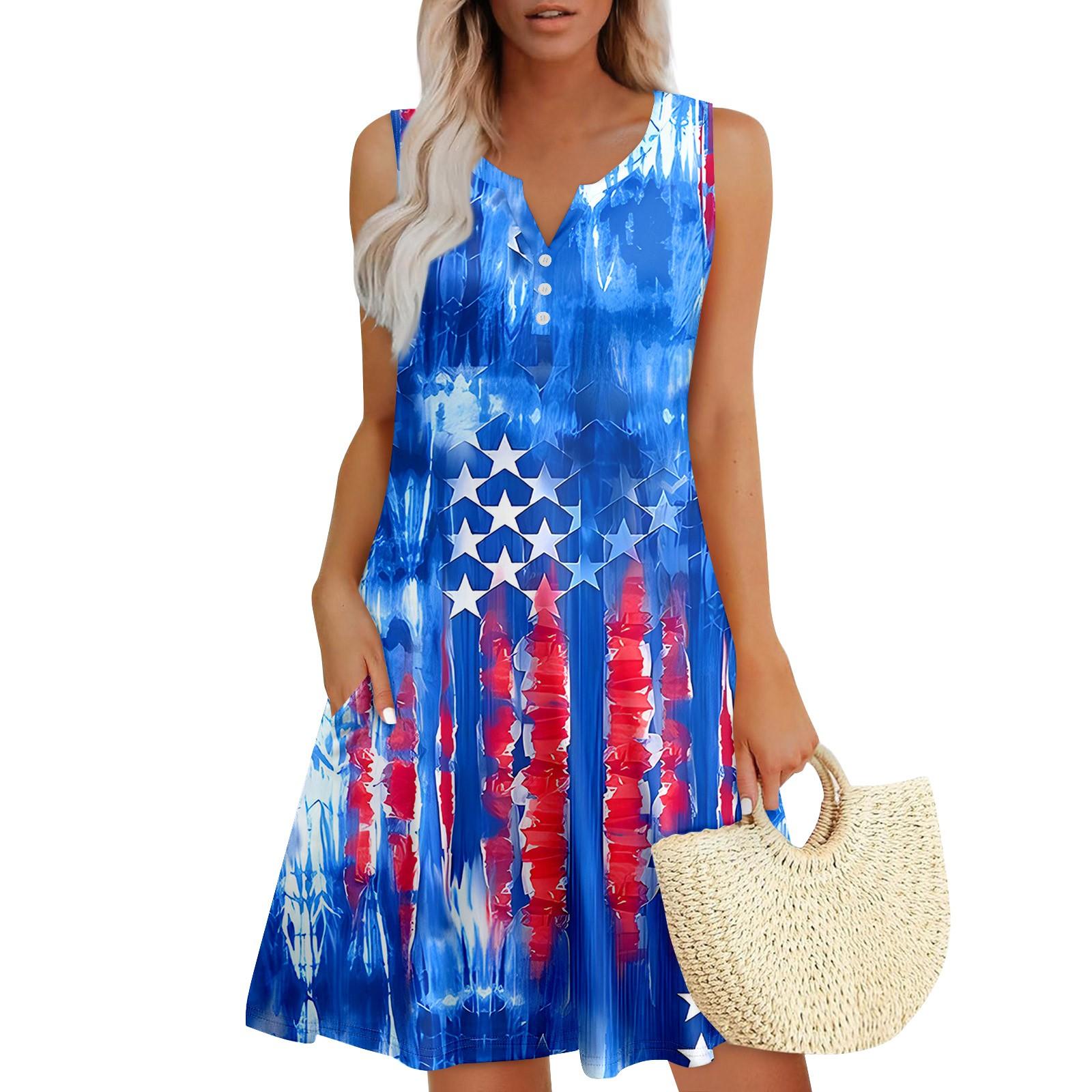 

Женские летние платья Свободные сарафаны без рукавов с V-образным вырезом Платье с карманами XXL