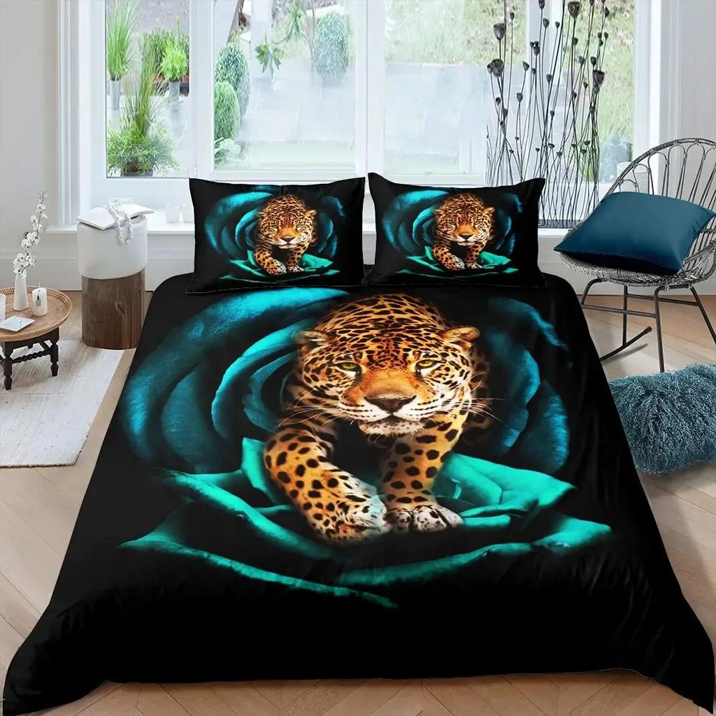 Leopard Duvet Cover Set Red Rose Bedding Sets Safari Animals Print Comforter Cover Rose Flowers Cheetah Quilt Cover King Size