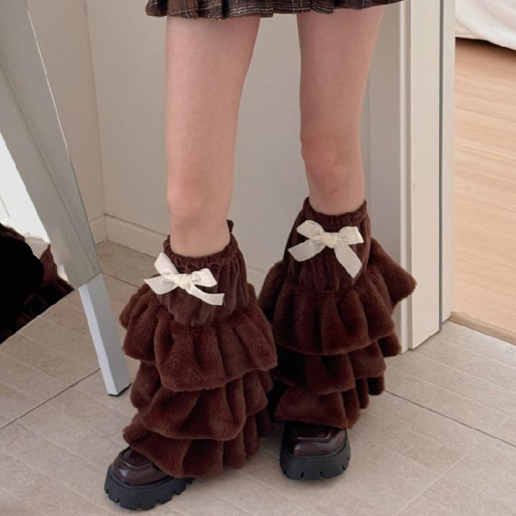 Winter Warm Furry Tiered Ruffle Leg Sleeves for Women Aesthetic Bowknot Fuzzy Leg Warmers Boot Covers Footless Socks