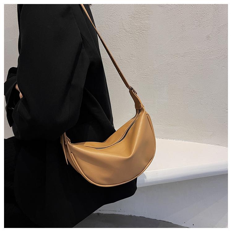 Women's Faux Leather Crescent Bag, Soft Dumpling Shoulder Crossbody Purse, Zipper Closure Handbag for Daily Use