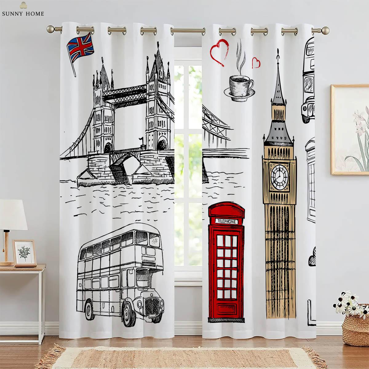 Schwarz Weiß Retro Gebäude Roter Bus 3D Druck Vorhang Schlafzimmer Wohnzimmer Küche Arbeitszimmer Dekovorhang 2 Stück W50xH140(CM)x2PCS&Rod pocket