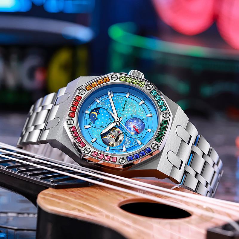 Rhinestone Set Bezel Design Men Automatic Steel Mechanical Watch Tourbillon Luminous Waterproof Men's Wrist Watch