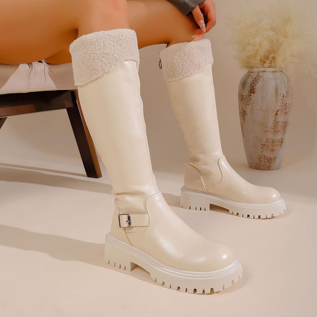 British Style Platform Chunky Shearling Knee-High Long Boots 2026 Winter New Plus Size 35-43 Belt Buckle Riding Boots for Women