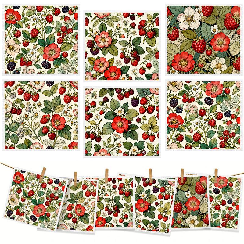 6PCS Cleaning Dishcloths Reusable Kitchen Dish Towels Vintage Floral Berry Print Dishcloth Absorbent Lint Free Cloth Washable Duster Rags Tea Towels
