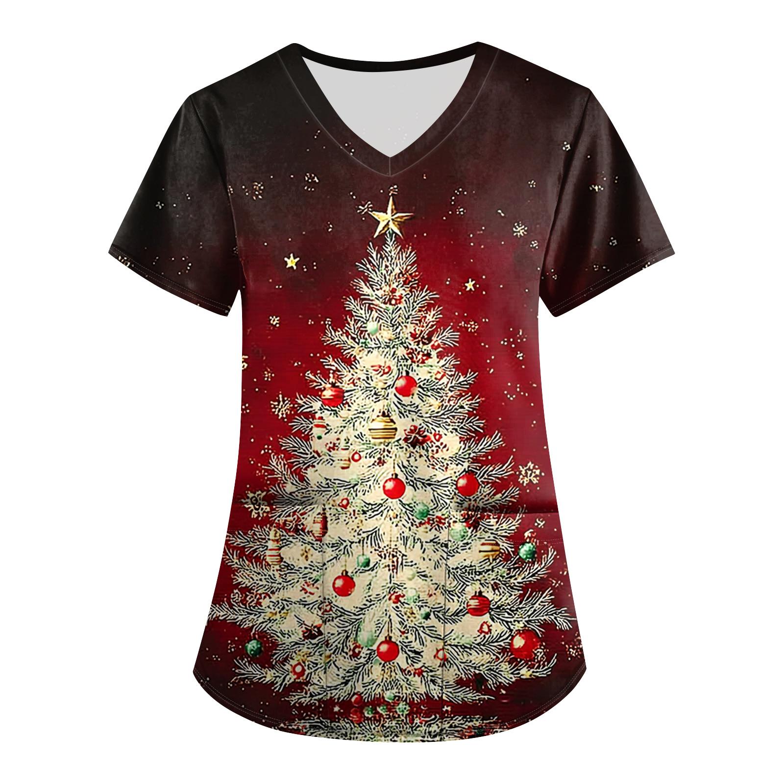 

Большой размер Принтованный скраб Рабочая униформа Топы для женских V-образный вырез с запахом Принт Короткий рукав Веселые футболки Рабочая одежда Футболка с карманами XL