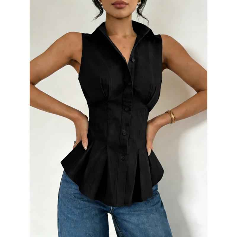 Womens Sleeveless Peplum Shirt With Collar And Button Down Detail Fitted Waist Casual Office Blouse