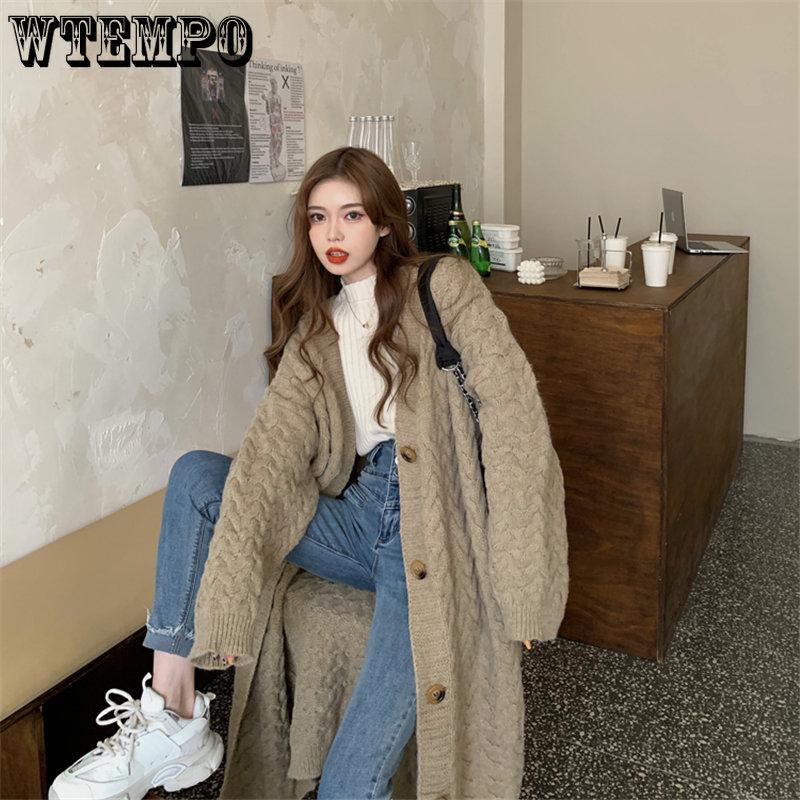 WTEMPO Women Long Knitted Sweaters Cardigans Autumn Female Large Size Casual Tops Long Sleeve Thick Solid Color Loose Coats