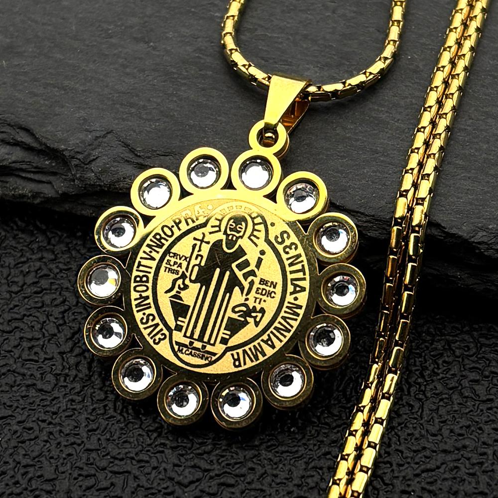 Catholic Rhinestones Saint Benedict Medal Pendant Necklace for Women Men Stainless Steel Gold Color San Benito Chain Jewelry