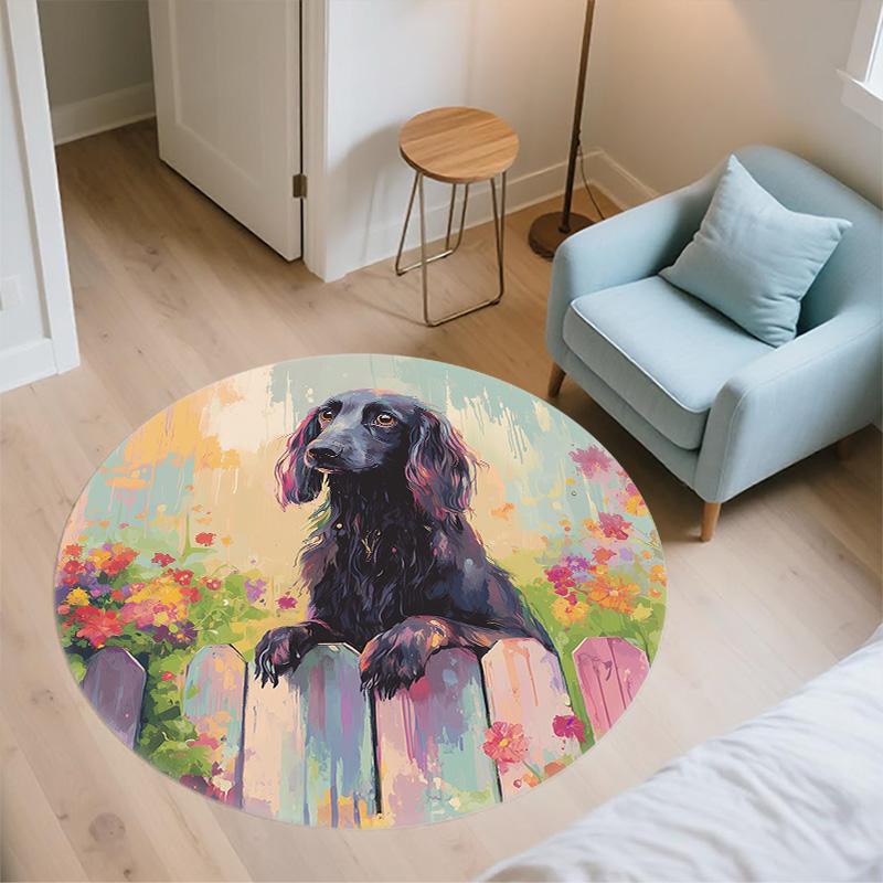 Flower Fence Dog,Round Area Rug,Carpet Rug for Living Room Bedroom Sofa Playroom Decor,Non-slip Floor Mat