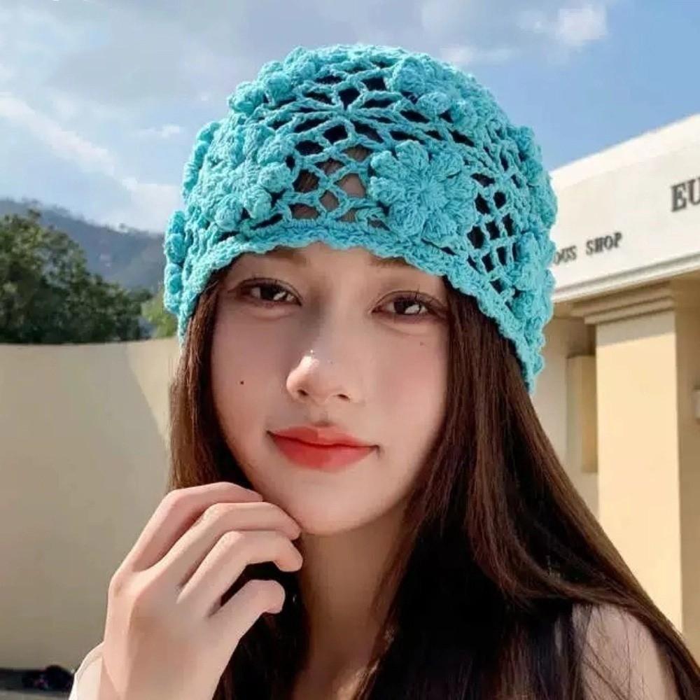 Handmade Crochet Flower Hat Weave Beanies Cap Ins Knit Basin Caps  Girls