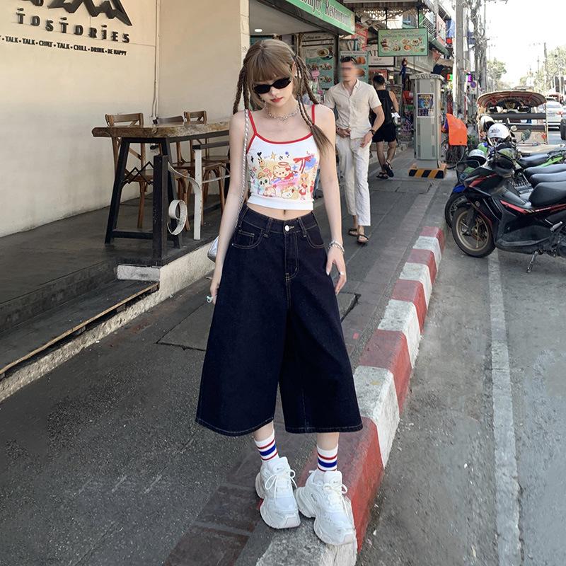 

Ladies Retro Deep Blue High-Waisted Cropped Wide-Leg Jeans - Spring/Summer Slimming Fit Small