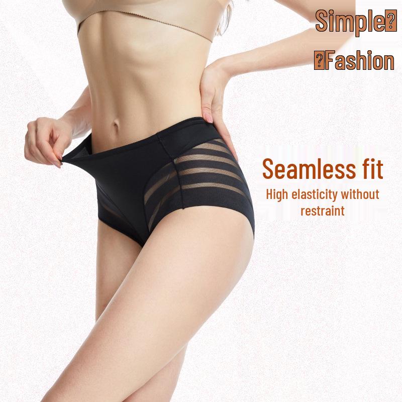 Plus Size Mid-Waist Women's Briefs - Light Tummy Control, Hip-Lifting, Striped Mesh, Breathable, Thin, Pure Cotton Crotch.