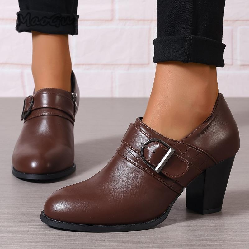 Módní Dámské Elegantní Lodičky Dámské Ležérní Robustní Vysoké Podpatky Kulatá Špička Společenské Boty pro Ženy Boty s Přezkou Zapatos De Mujer Velikost 43