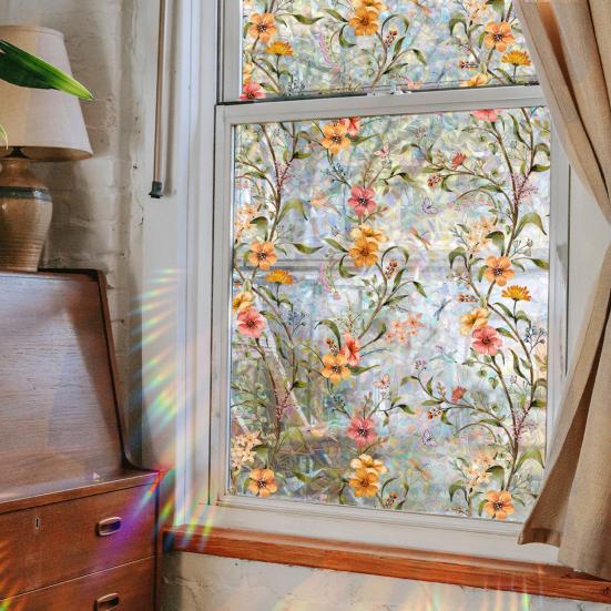 Stained Glass Window Privacy Film Colorful Floral Glass Decals Anti UV Heat Control Non Adhesive Static Clings for Home Bathroom Bedroom Office Decor
