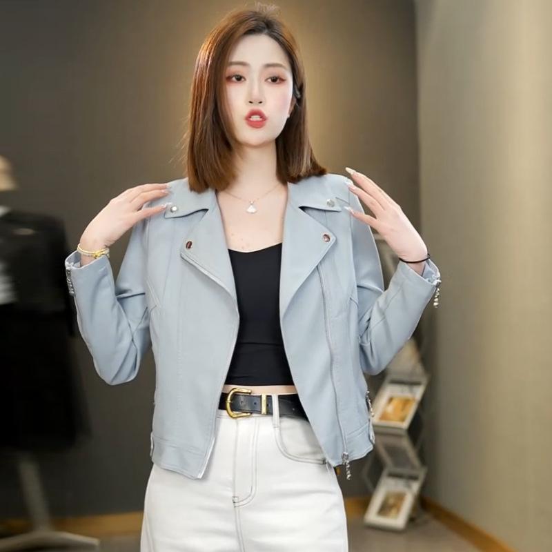 

Женская кожаная куртка весна и осень, высококачественная повседневная куртка-локомотив из мягкой кожи, с отложным воротником, кожаная куртка-топ XXL [Recommended 125~ 67.5 kg] синий