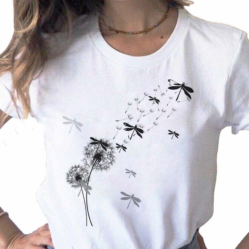 New Dandelion Printed Women T Shirt Cartoon Graphic Printed Black Ladies T-shirt Casual Woman Shirt Funny Tees Shirts