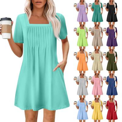 Women's Summer Casual Square Neck Pleated Front With Pocket Printed Short Sleeve Dresses
