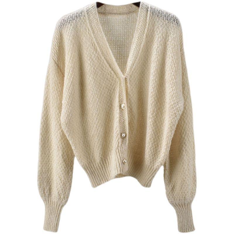 Wool Mohair Spring & Fall Women's Knitting Sweater Lazy Style Long Sleeve Pure Color Cardigan Plaid Loose Elastic Outwear