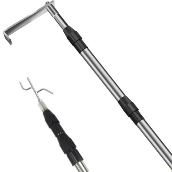 Telescoping Truck Cargo Grabber Pole with 2 Hooks Stainless Steel Pickup Truck Bed Retriever Tool Heavy Duty Telescopic Push Pull Rod
