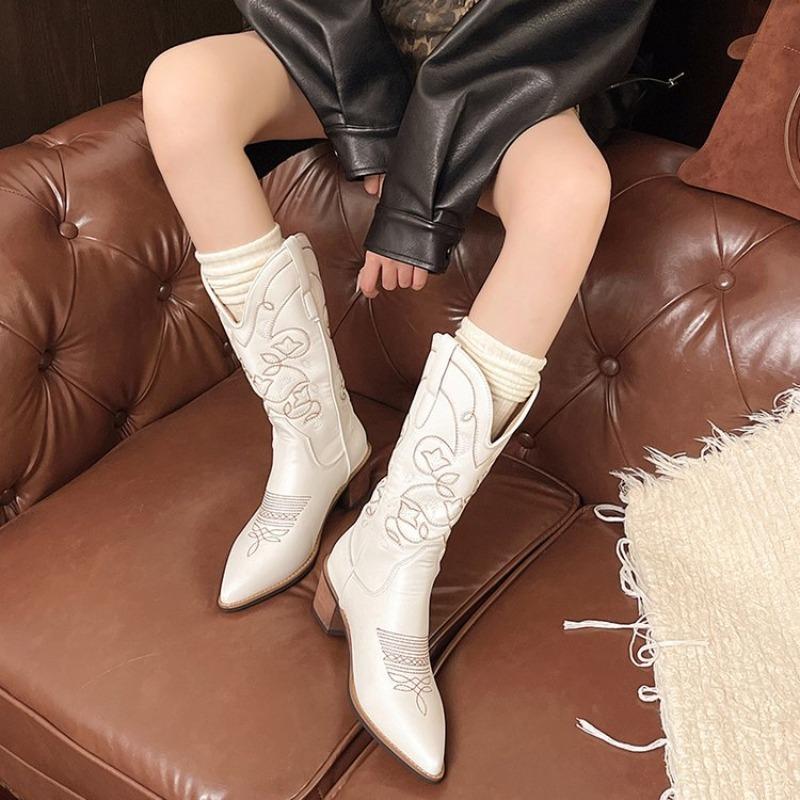 Fashion 2025 New Autumn Winter Vintage Women Western Cowboy Boots Fashion Slip on Thick Heel Shoes Embroidery Knight Mid Calf Botas