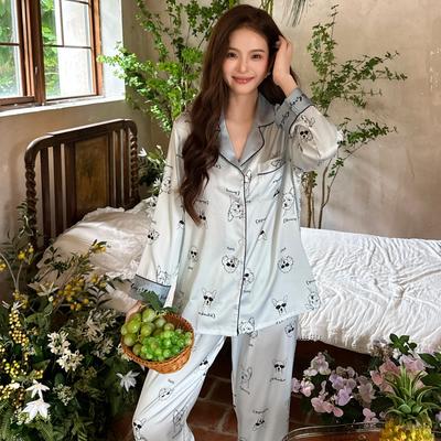 Damenpyjama für alle Jahreszeiten, langärmlig, Eisseide, zweiteilig, Cartoon-Hund, süßer und niedlicher Pyjama