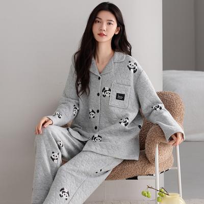 Autumn And Winter Air Cotton Women'S Pajamas Warm Interlayer Thickened Cotton Long-Sleeved Loungewear Set
