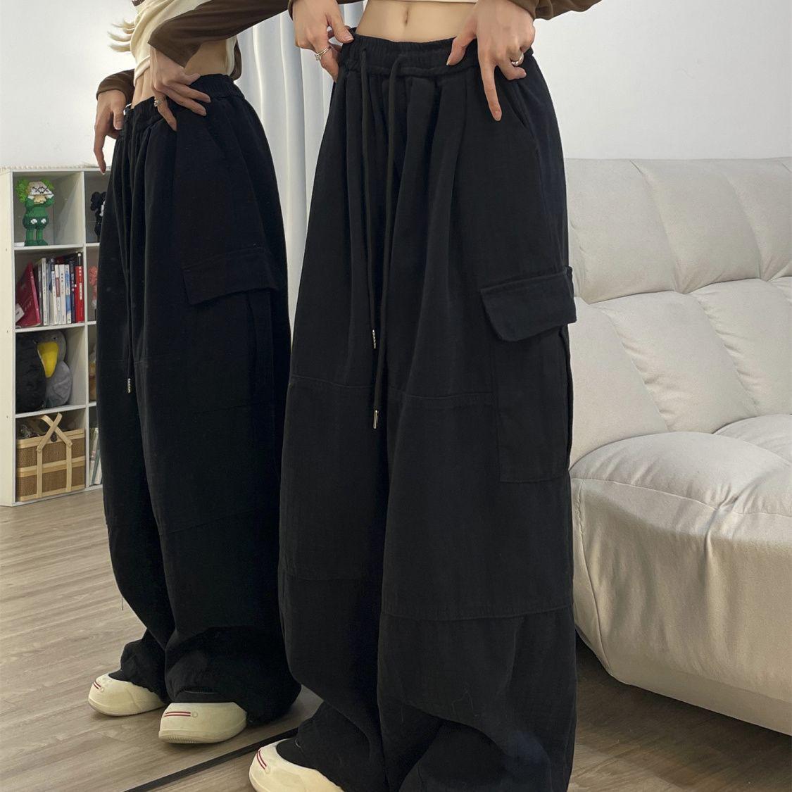 

American Hip Hop Style Loose Cargo Pants for Women - Multi-Pocket, Spicy Slimming Design, Cuffed, Straight Wide-Leg for Spring and Autumn S чёрный
