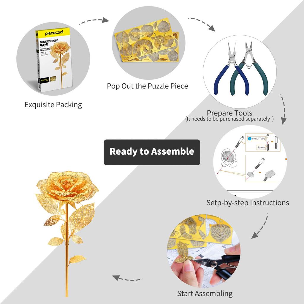 Piececool 3D Metallic Metallic Nano Assembly No Glue Intermediate Ornament Puzzle, Rose, Puzzle, Required, Required, 3-Star Difficulty, Level, Adult,