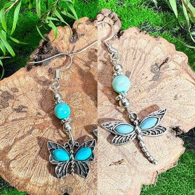 New Design Elegant and Cute Ethnic Style Turquoise Dragonfly Butterfly Fashion Pendant Earrings