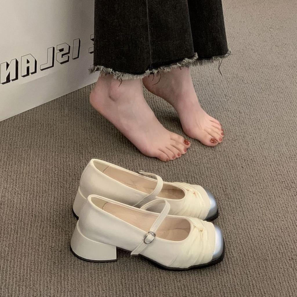 2025 Mary Jane shoes women's 2025 spring new French retro temperament gentle square head high-heeled leather shoes single shoes