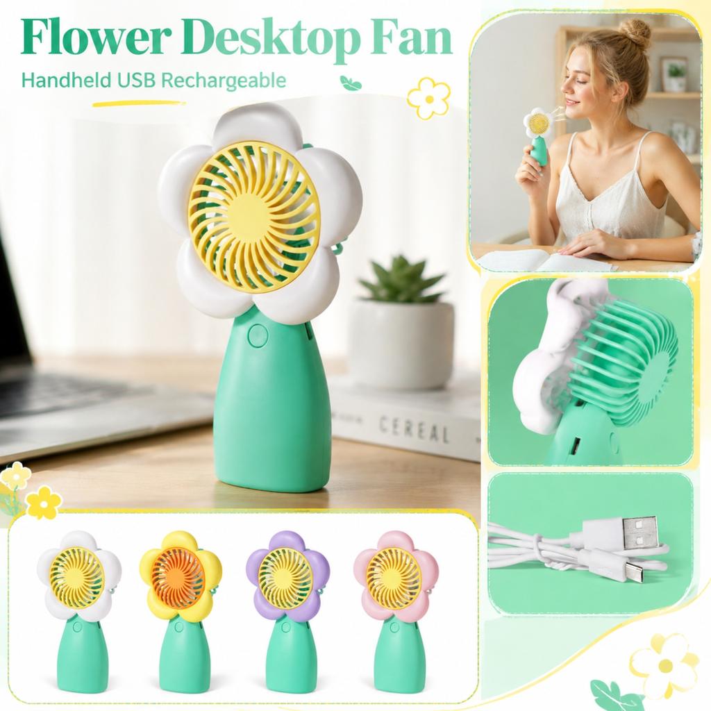 Ventilatore da scrivania a forma di fiore ricaricabile USB, Ventilatore portatile a mano per la casa