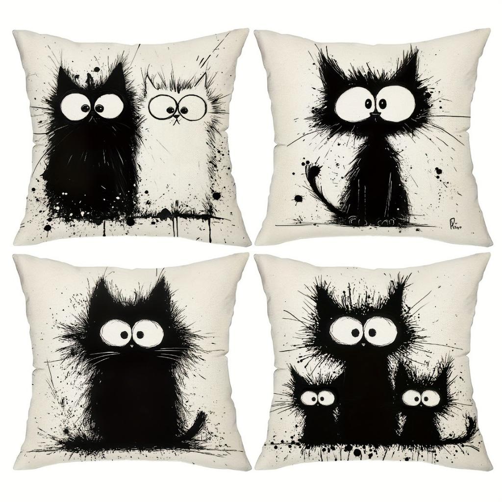 4pcs Cushion Cover Cute Black Mao Mao Cat Printed Washable Cushion Cover Halloween Themed Party Living Room Bedroom Decoration