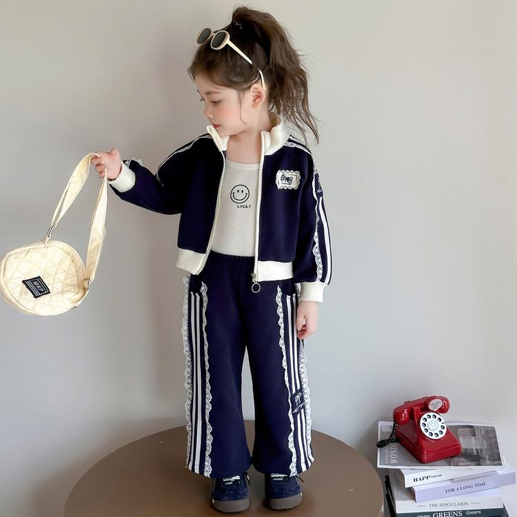 

Girls Lace Bow Ruffle Sweatsuit - Korean Fashion Two-Piece Set 120 cm