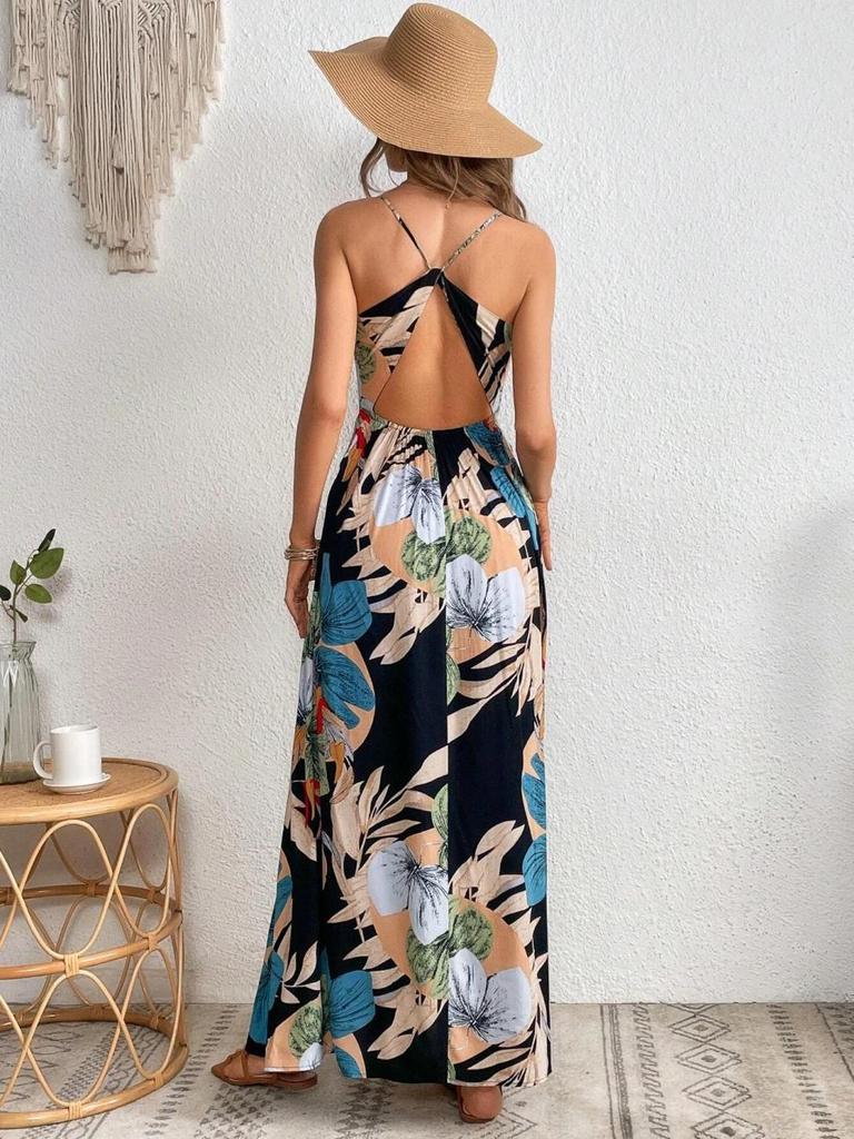 Tropical Print High Slit Strap Dress - European & American Style