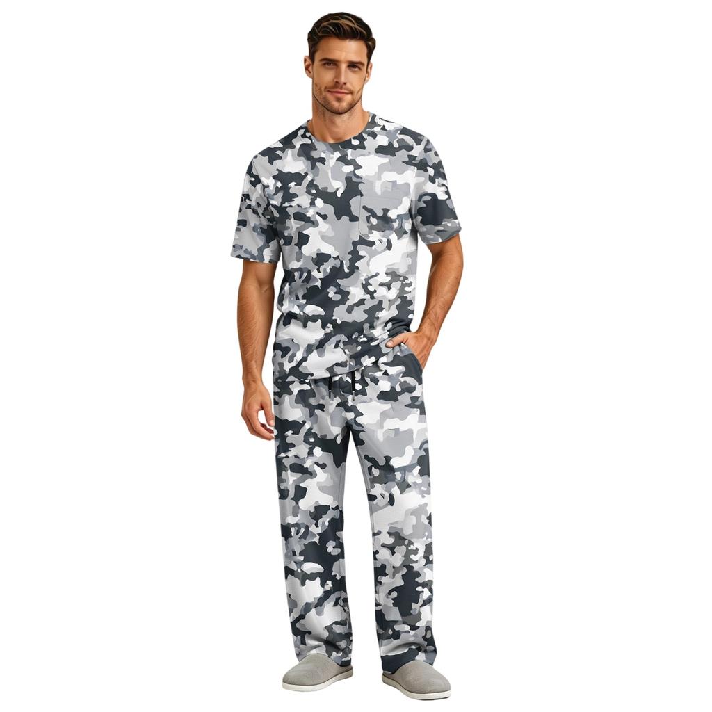 Herren Kurzarm-Schlafanzug-Set mit langer Hose, Schrittknopf und elastischem Kordelzugbund für zu Hause