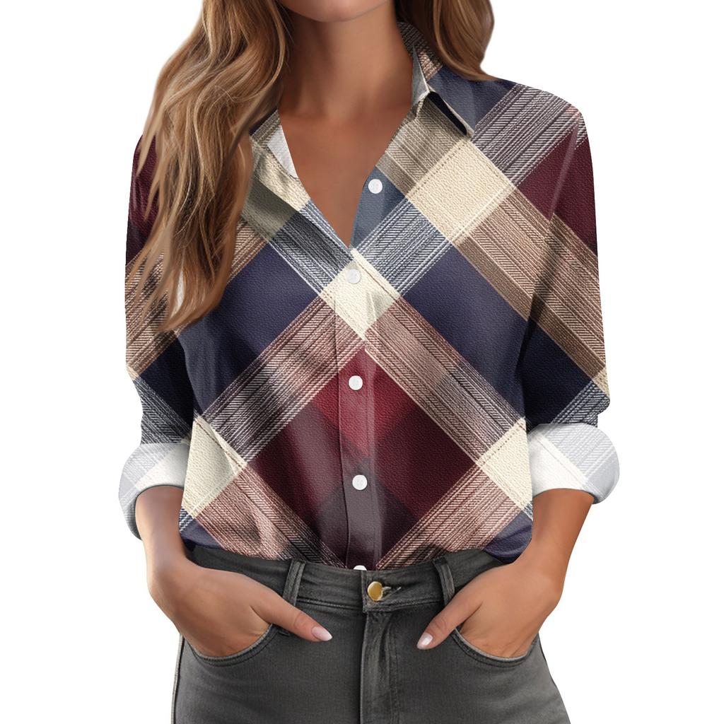Women's Casual Fashion Plaid Print Half-Open Collar Long Sleeve Shirt