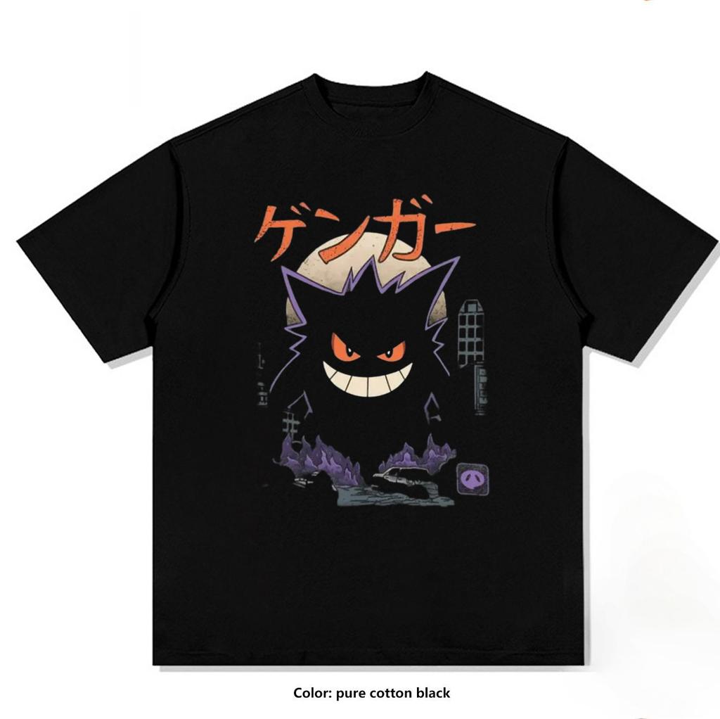 T-shirt Stampata Pokémon Gengar Cotone Puro Maglietta Uomo Moda Estiva 2026 Oversize Street Casual Y2K Top Abbigliamento Streetwear