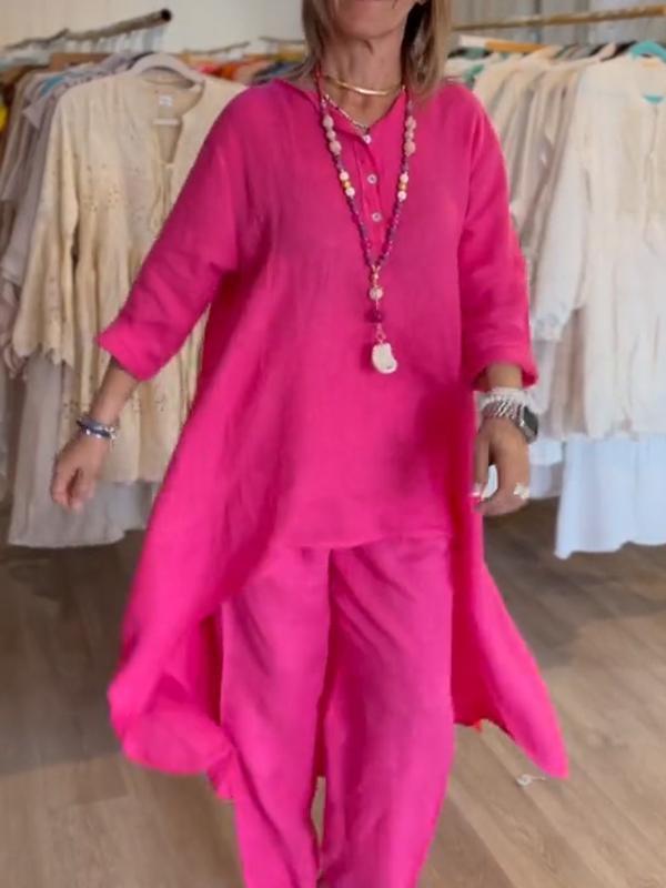 Women's Solid Color Casual Cotton Linen Long-Sleeved Summer Set