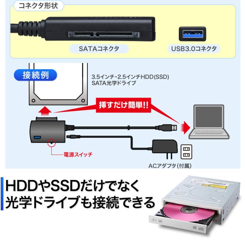 SANWA SUPPLY SATA auf USB Konvertierungskabel für Kabel 3.0 HDD/SSD/Optische Laufwerke, 0,8 m Länge, USB-CVIDE3