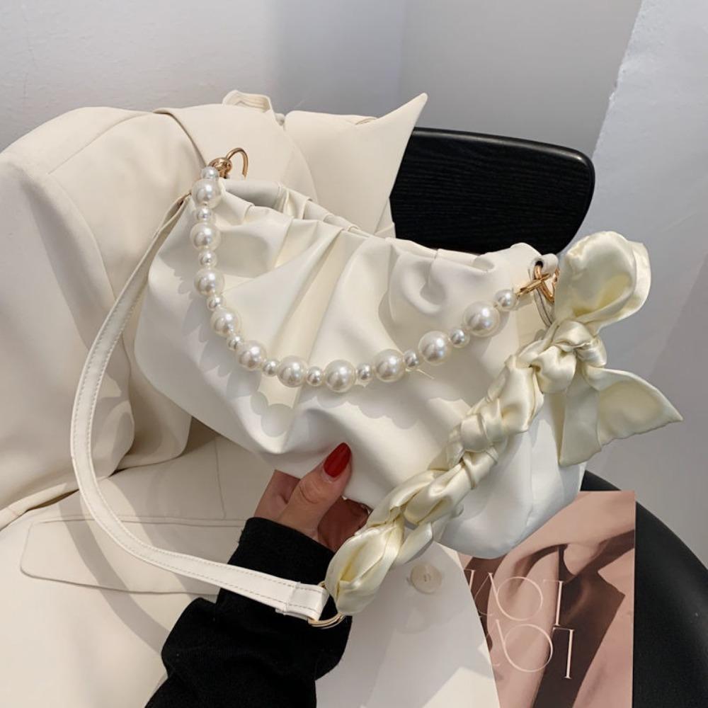 Fashion Pleated Shoulder Bag PU Leather with Pearl Cloud Underarm Bags Small Handbags Women Purse
